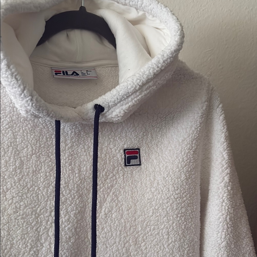 Fila White Sherpa Hoodie with Navy Accents